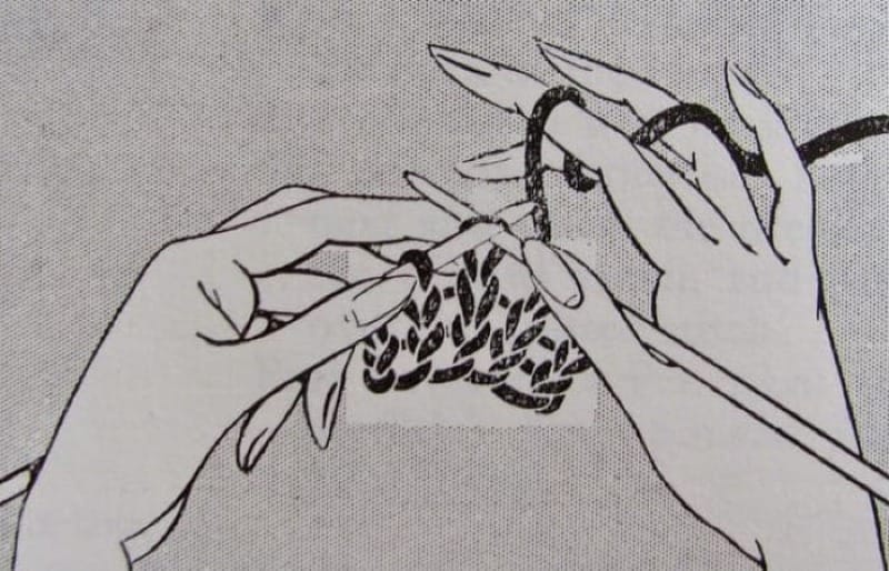 A black and white cartoon diagram of two hands knitting