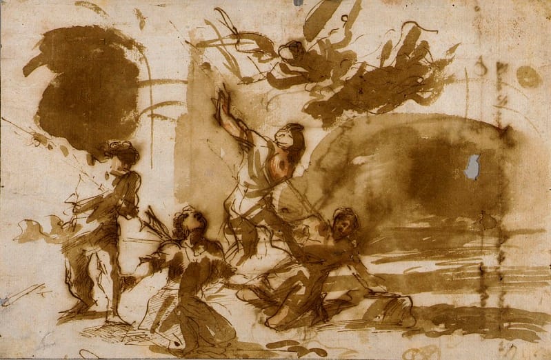 A sepia-toned drawing of a woman fighting what appears to be various spirits