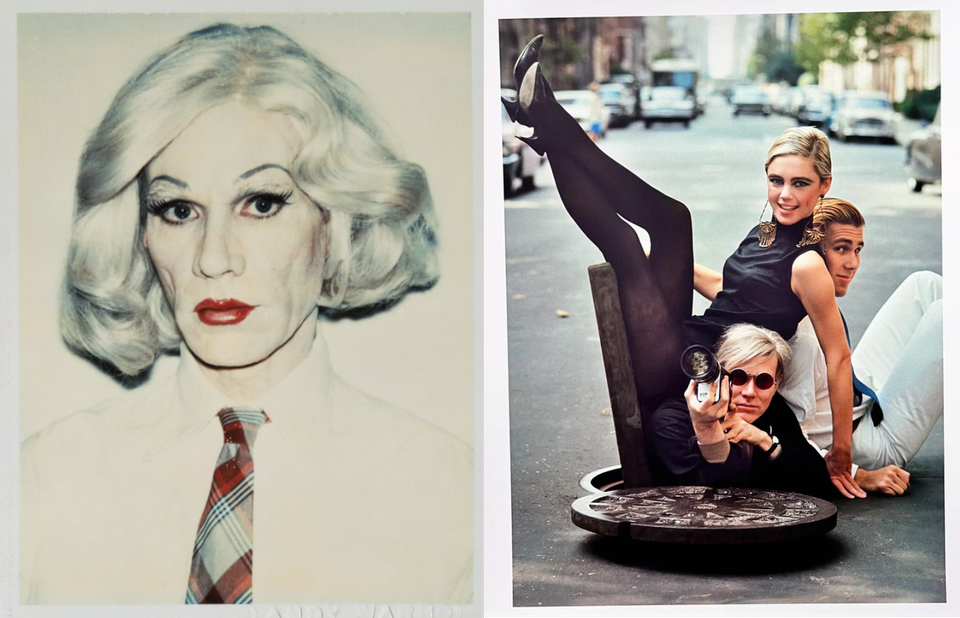 A photography of Andy Warhol in drag, wearing a shirt and tie, white bob wig, and red lipstick on the left, On the right, a p